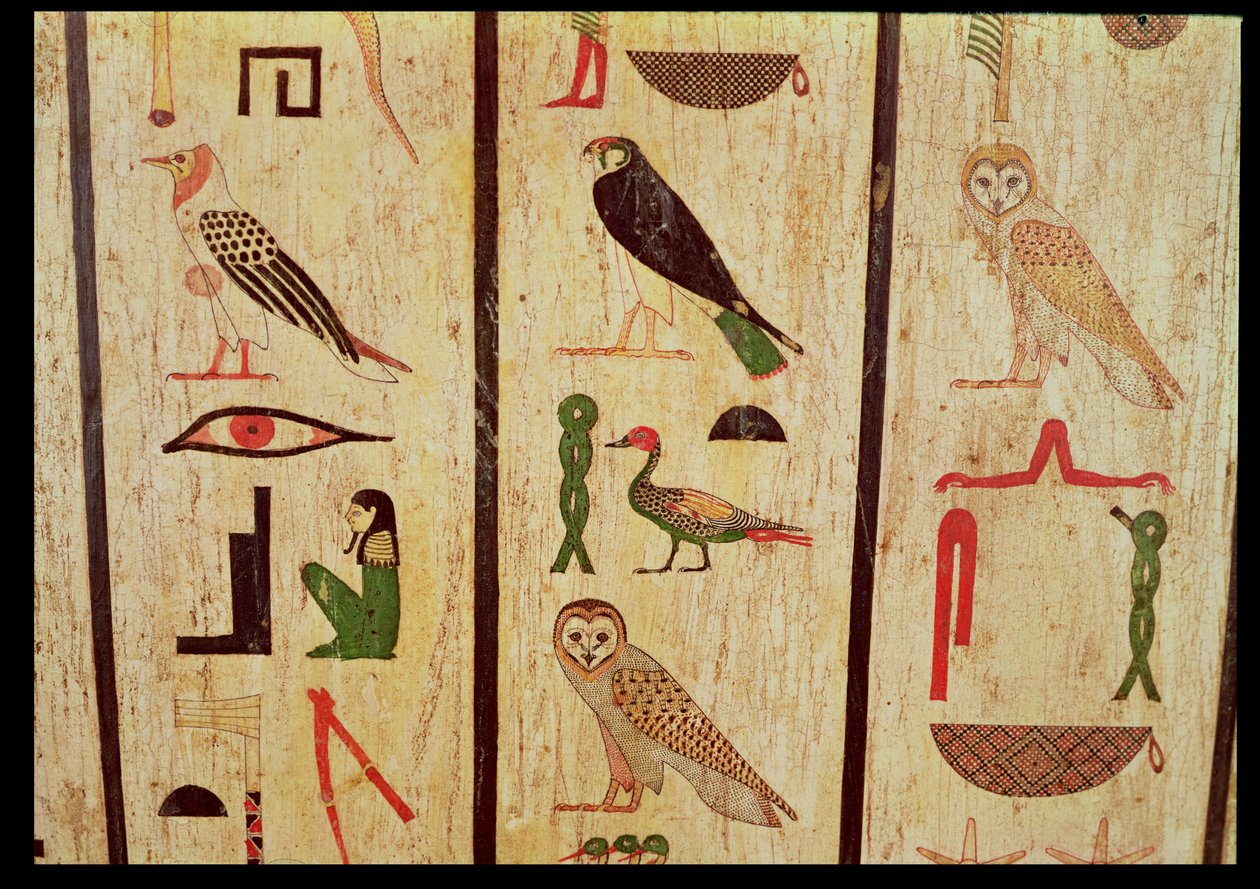 Sarkofagen av Psamtik I (664-610 f.Kr.) detalj av hieroglyfer, sen period (målat trä) av Egyptian 26th Dynasty