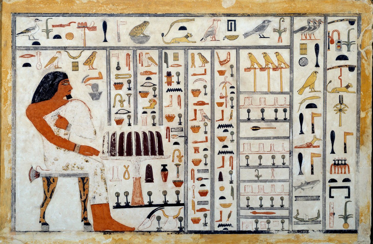 Egyptisk antikvitet: kalkstensstele av Prins Oupemnefret. Han är administratör för de kungliga skriftlärda. 4:e Berkeley-dynastin, Phoebe Hearst Museum av Egyptian 4th Dynasty