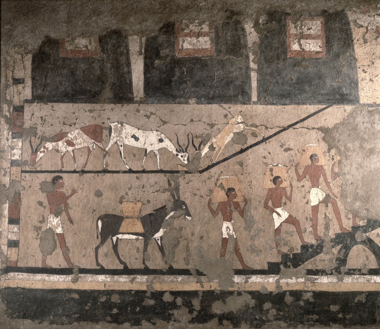Jordbruksscen, väggmålning borttagen från Mastaba of Ti i Sakkara, Gamla kungariket, c.2494-2345 f.Kr. (målad kalksten) av Egyptian 5th Dynasty