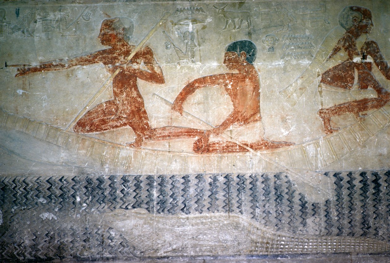 Fiskare och en krokodil från norra väggen i Mastaba Chapel of Ti, Old Kingdom (väggmålning) av Egyptian 5th Dynasty