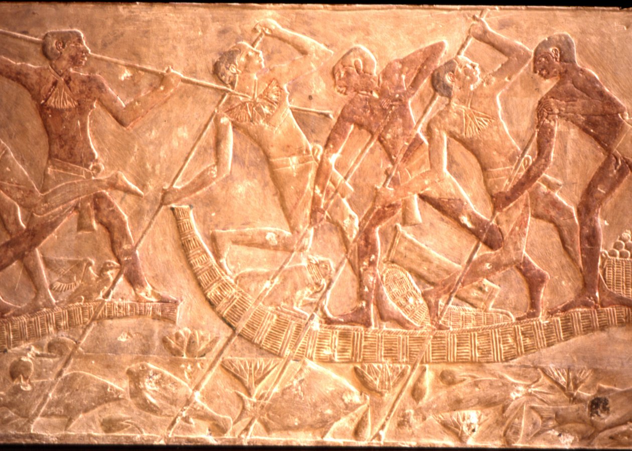 Män som spjuter fisk från papyrusbåt, Ptah-Hotep Tomb, 5:e dynastin (foto) av Egyptian 5th Dynasty