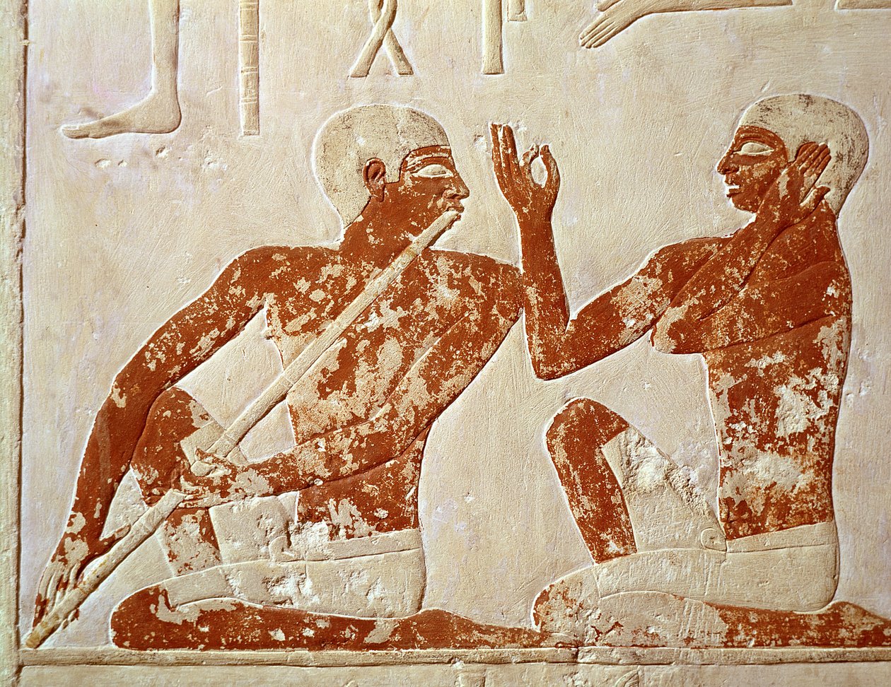 Målad relief föreställande en flöjtspelare och en sångare vid en begravningsbankett, från graven av Nenkhefetka, Saqqarah, Gamla kungariket, c.2400 f.Kr. (väggmålning) av Egyptian 5th Dynasty