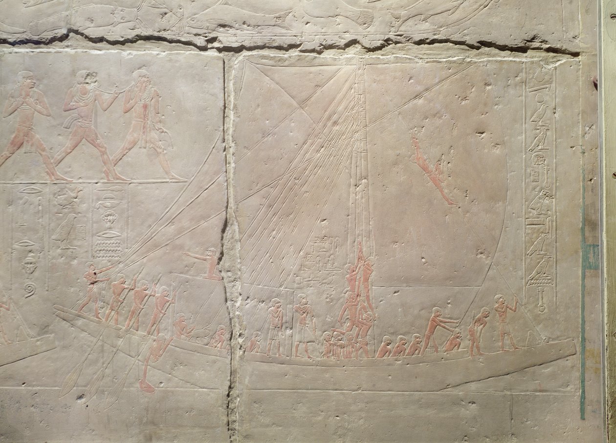 Relief som visar en båtresa, från Mastaba i Akhethotep, Gamla kungariket, ca 2400 f.Kr. (målad kalksten) av Egyptian 5th Dynasty