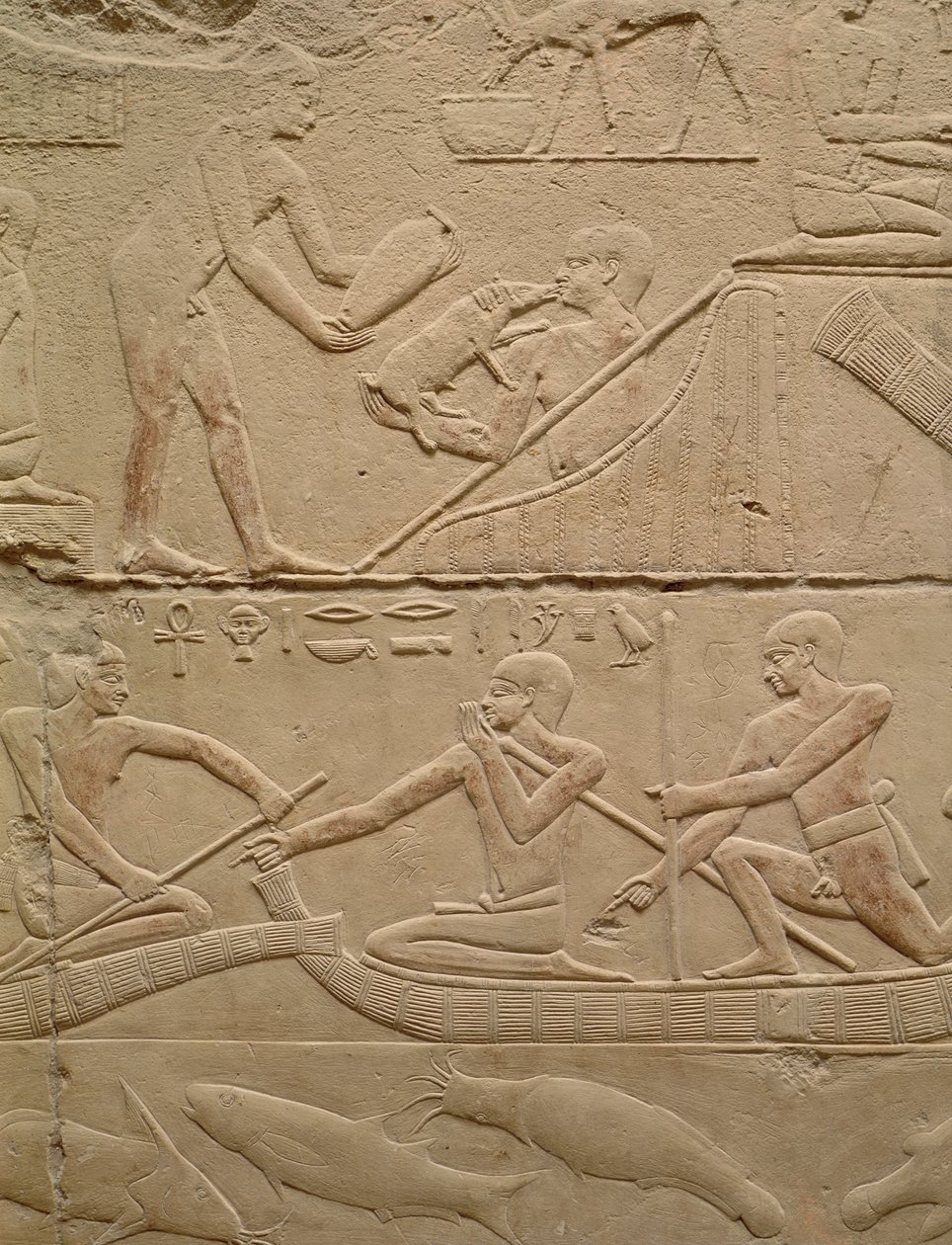 Relief som visar en man som sköter en nyfödd gris och män i papyrusbåtar, från Mastaba i Kagemni, Gamla kungariket (målad kalksten) av Egyptian 6th Dynasty