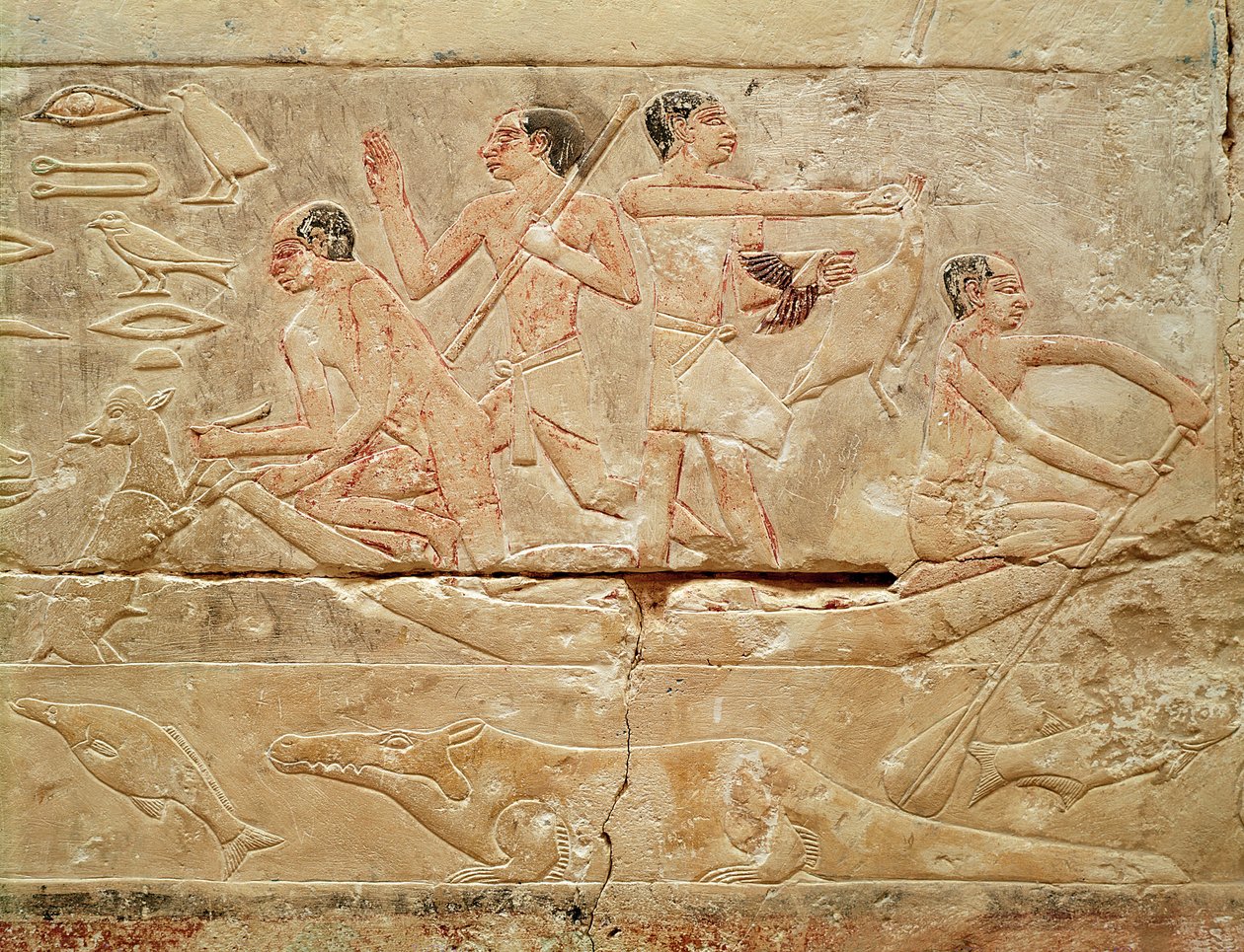 Relief föreställande män i en båt, från prinsessan Iduts grav, Gamla kungariket, ca 2330 f.Kr. (målad kalksten) av Egyptian 6th Dynasty