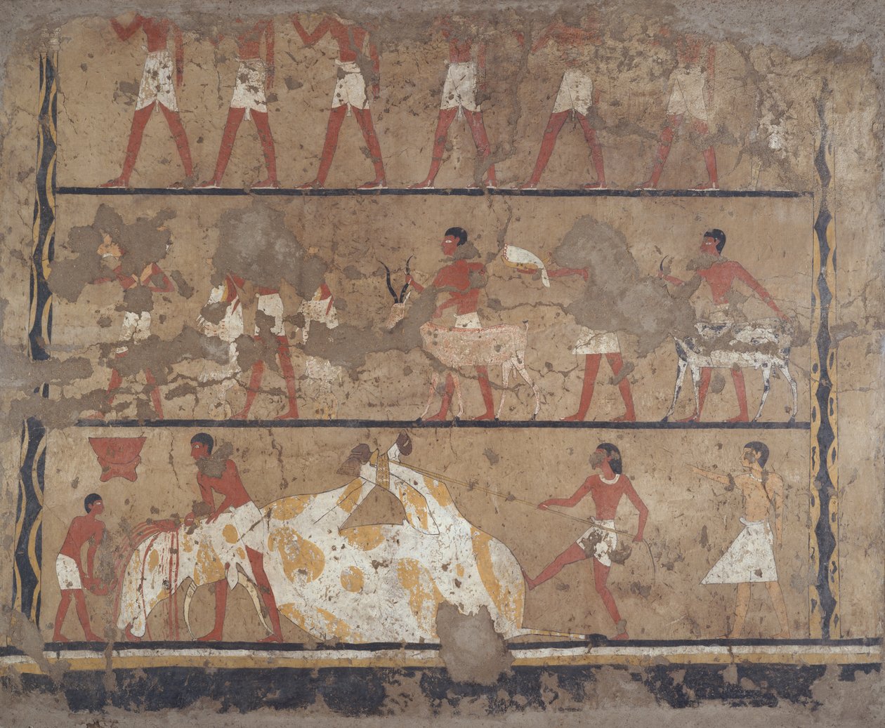 Scener med boskapsuppfödning, slakt, bärare av offer och offer, Itis grav och Neferu (väggmålning) av Egyptian 6th Dynasty