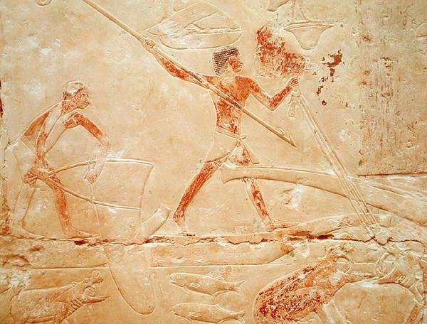Relief som visar fiske med nät och harpunering av en flodhäst, från prinsessan Iduts grav, Gamla kungariket, ca 2330 f.Kr. (målad kalksten) av Egyptian 6th Dynasty Egyptian 6th Dynasty