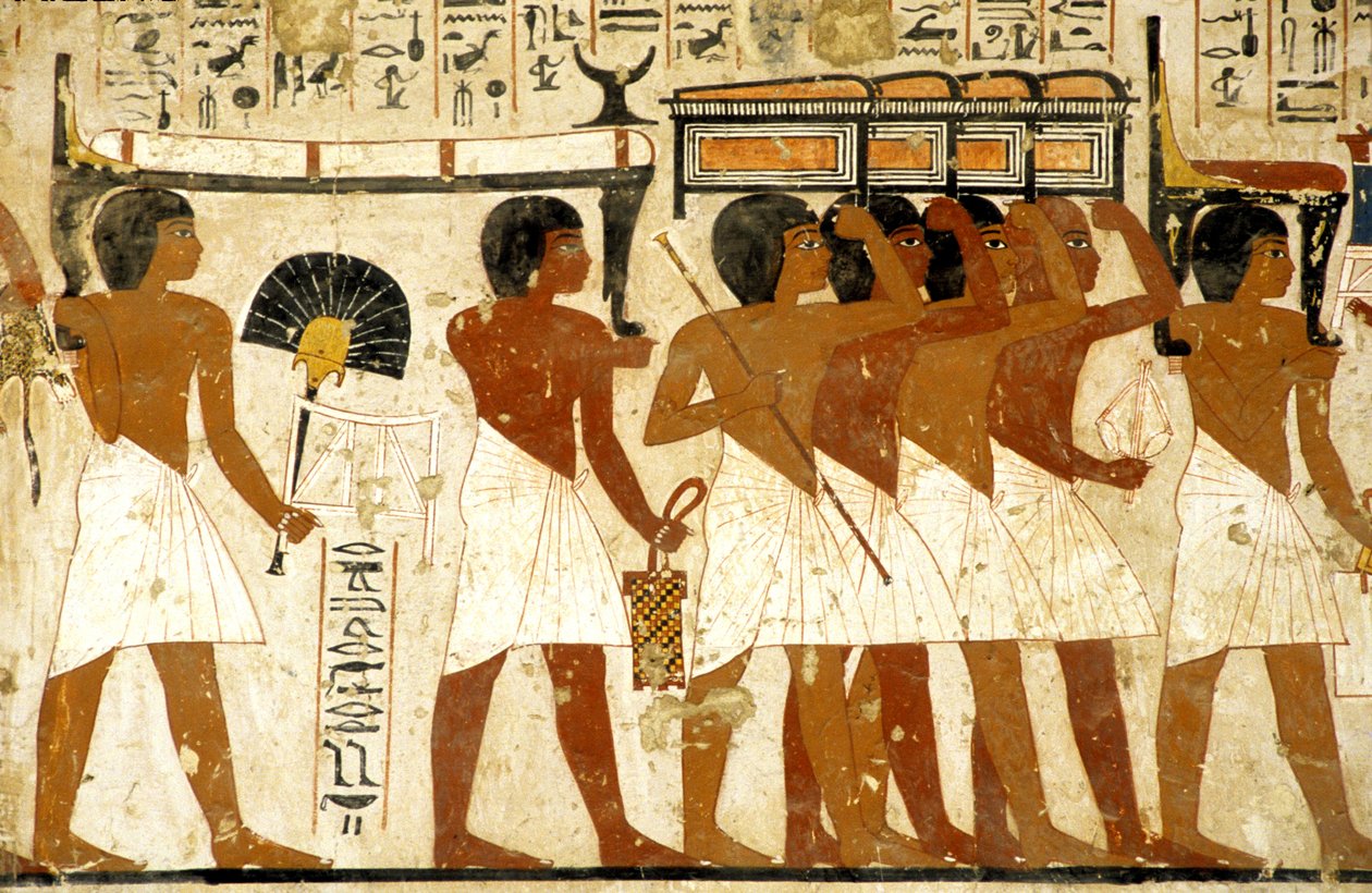 Forntida Egypten, Målning, Begravningsprocession, Ramoses grav, Män bär skatt, Thebe, De adligas dal av Egyptian Egyptian