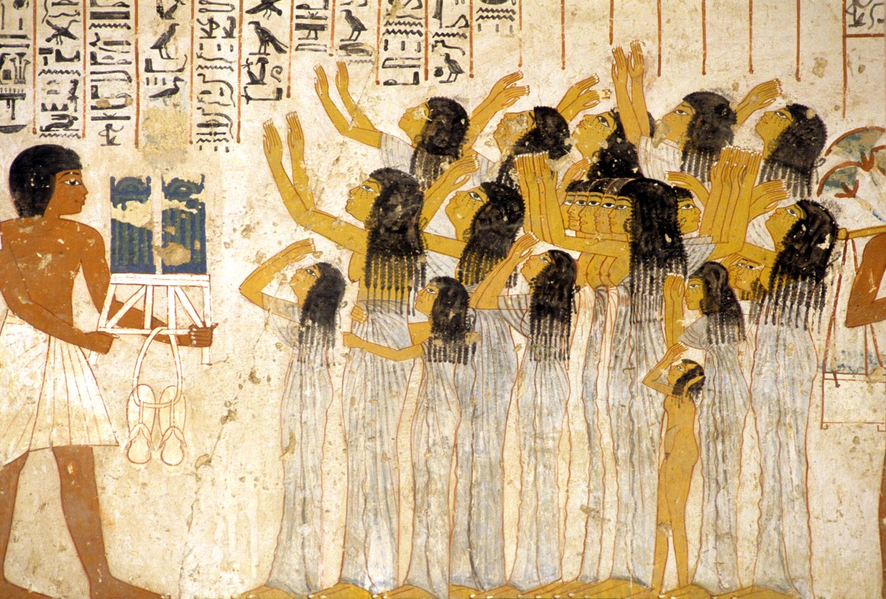 Forntida Egypten, Målning/fresco, Klagande kvinnor i begravningsprocessionen, Ramoses grav, Thebe, De adligas dal av Egyptian Egyptian