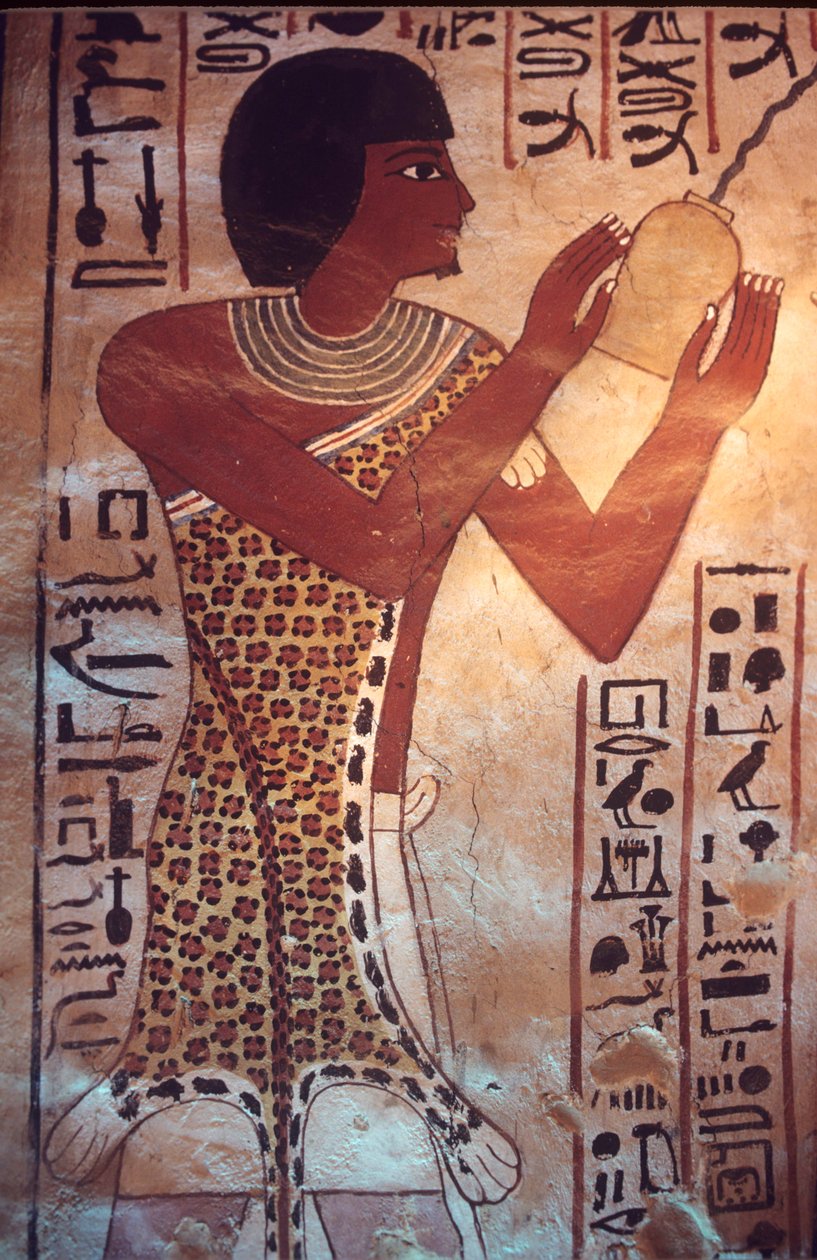 Forntida Egypten, Sennufers grav, Thebe, Luxor, Väggmålning, fresk, väggmålning, Sennufers son leder begravningsfesten, klädd i leopardskinnsdräkt av Egyptian Egyptian