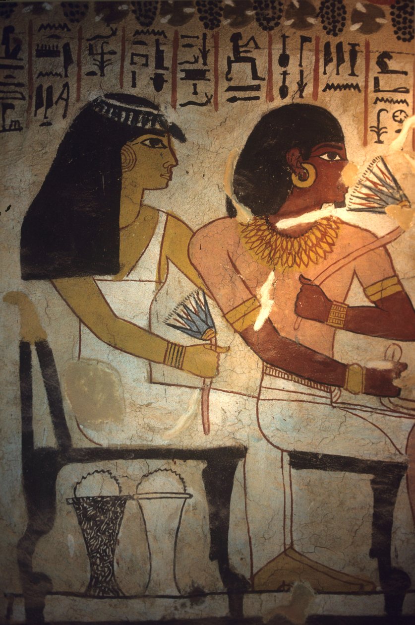 Forntida Egypten, Väggmålning, Sennufers grav, Thebe, Sennufer och hans syster Merit håller lotusblommor, Sennufer, borgmästare i Thebe och övervakare under farao Amenophis II av Egyptian Egyptian