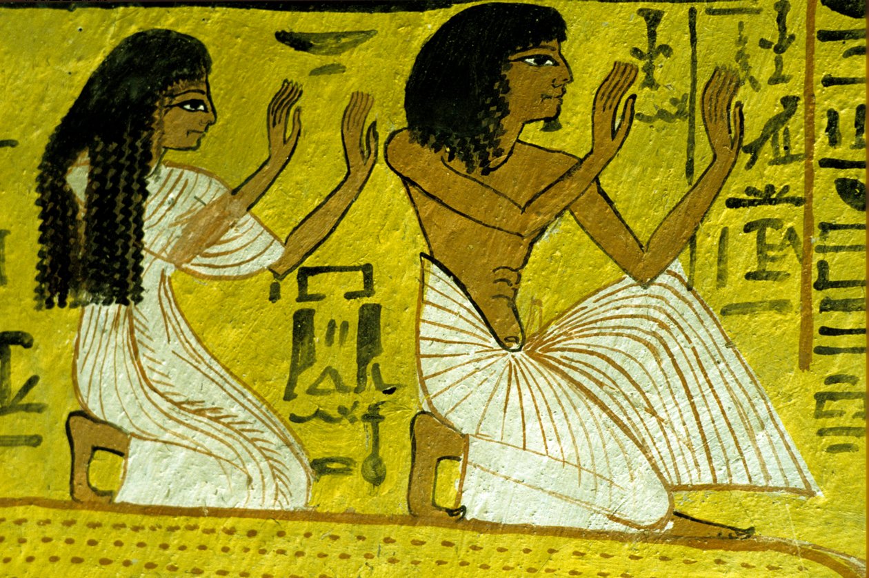 Forntida Egypten, Väggmålning, Sennedjem och hans hustru knäböjer inför gudarna, Sennedjems grav, Thebe, Deir el Medina av Egyptian Egyptian