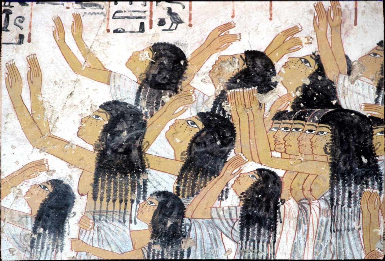Forntida Egypten, väggmålning, klagande kvinnor i begravningståg, Ramoses grav, Thebe av Egyptian Egyptian
