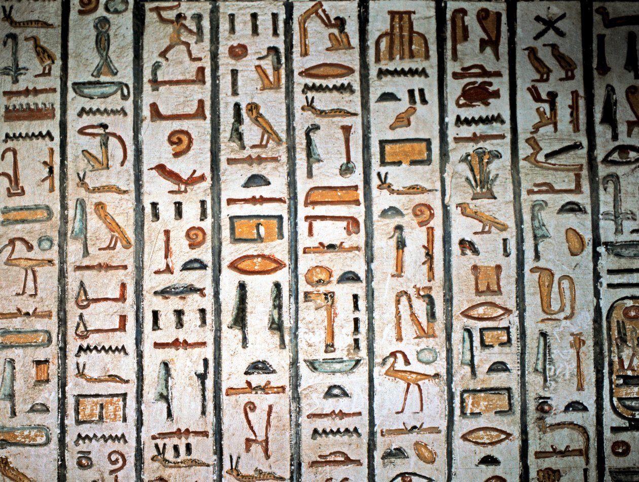 EGYPTISK KONST: Hieroglyf. Från Sethi I:s grav i Konungarnas dal. (freskomålning) av Egyptian Egyptian