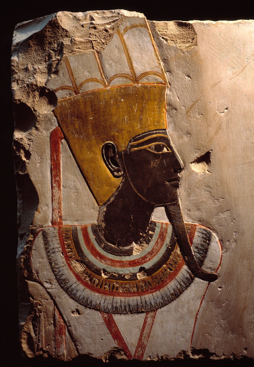 Egyptisk antikvitet: detalj av en målning på kalksten som föreställer fruktbarhetsguden Amon Min (Amon-Min). Luxor, egyptiska konstmuseet av Egyptian Egyptian