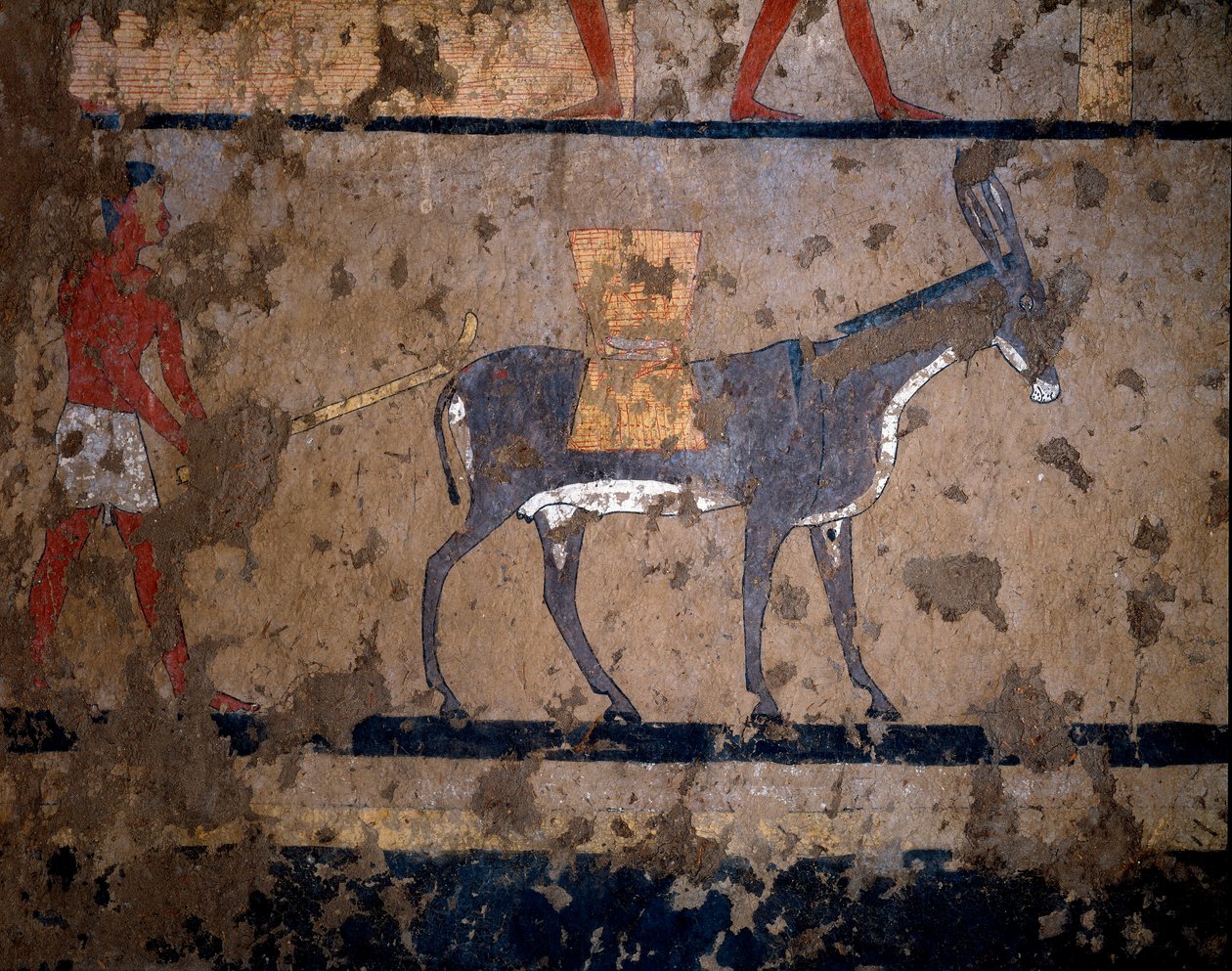 Egyptisk antikvitet: "" transporten av spannmål på ryggen av en mula""" Temperamålning av väggen i graven av kung Itis (eller Ity) 2200-2000 f.Kr. Från El Ghebelen, Luxor. Turin, egyptiskt museum av Egyptian Egyptian