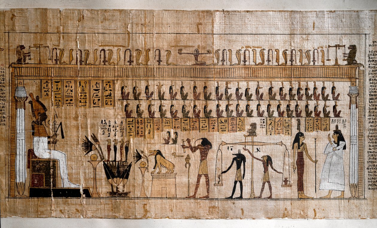 Egyptisk antikvitet: vägning av själar (psykostas). Papyrus av en dödbok. Turin, Egyptiska museet - Forntida Egypten: vägningen av själarna (psykostasi). Papyrus från dödboken. Egyptiska museet, Turin, Italien av Egyptian Egyptian
