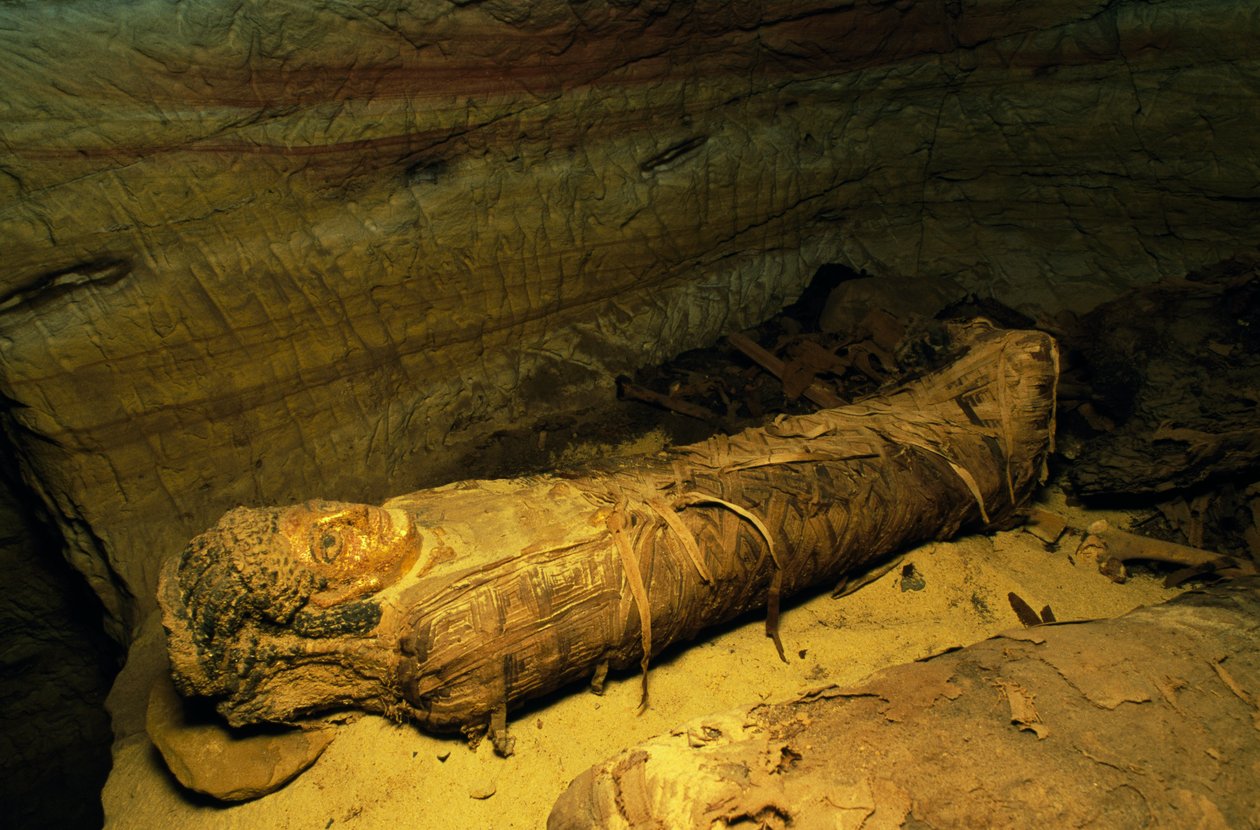 Mummy, Valley of Golden Mummies, Bahariya Oasis, Giza, Egypten. Egyptisk civilisation av Egyptian Egyptian