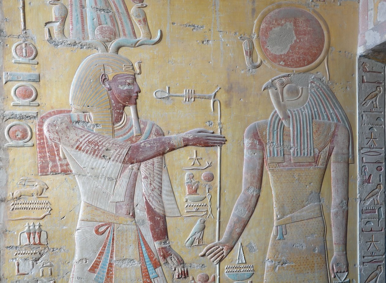 Solkungen Ra och Khnum, Nilkällornas väktare, Ramses IX:s grav, Luxor av Egyptian Egyptian