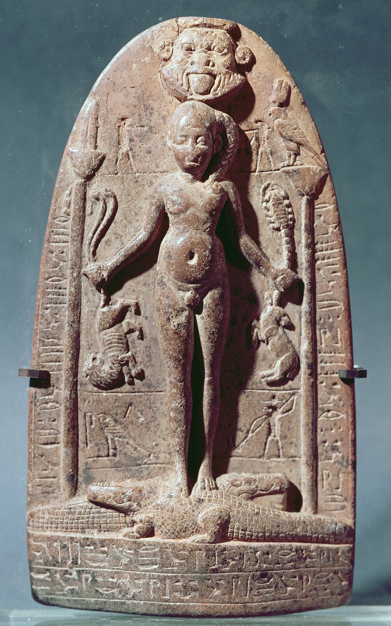 Cippus som visar Horus som ett barn som står på krokodiler (rosa granit) av Egyptian Ptolemaic Period