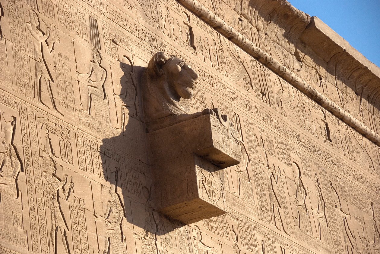 Egyptisk antik: lejonhuvudgargoyle, Hathors tempel, Dendera, Egypten av Egyptian Ptolemaic Period