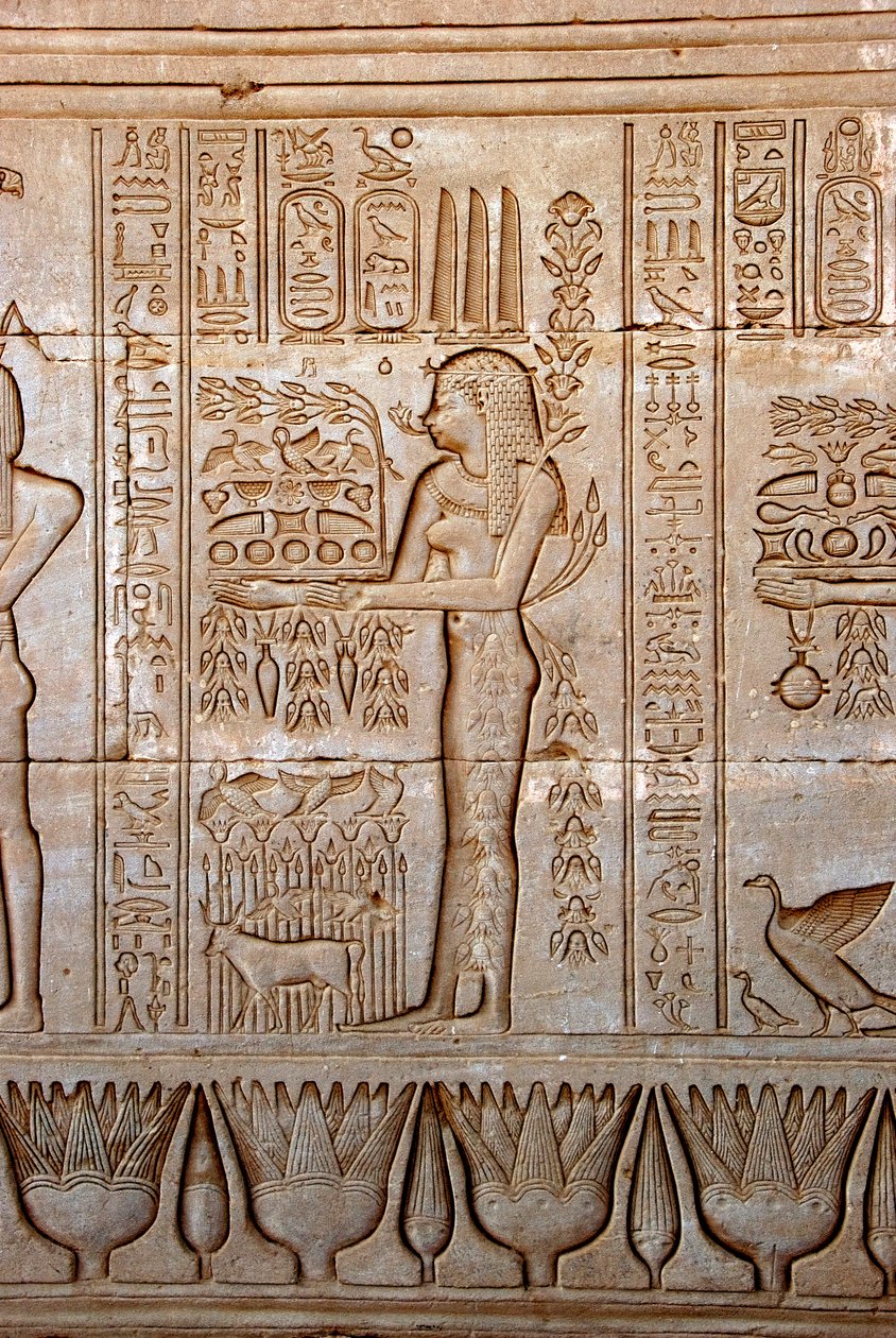 Egyptisk antiken: representation av en ung kvinna som kommer med offer som hyllning till gudinnan, Hathors tempel, Dendera, Egypten av Egyptian Ptolemaic Period