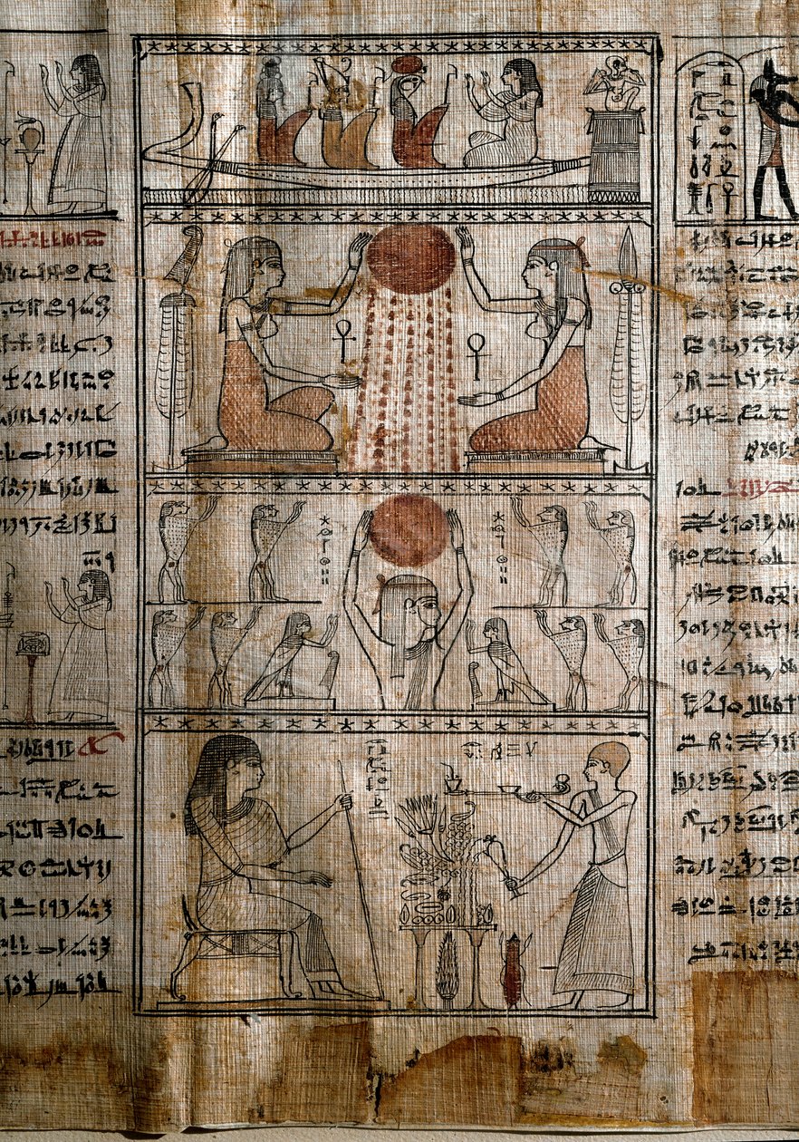 Egyptisk antikvitet: solsymbologi. papyrus av en dödsbok. Ptolemaisk tid. Turin, Egyptiska museet - Forntida Egypten: solens livgivande kraft. Papyrus från dödboken. Ptolemaisk tid. Egyptiska museet, Turin, Italien av Egyptian Ptolemaic Period