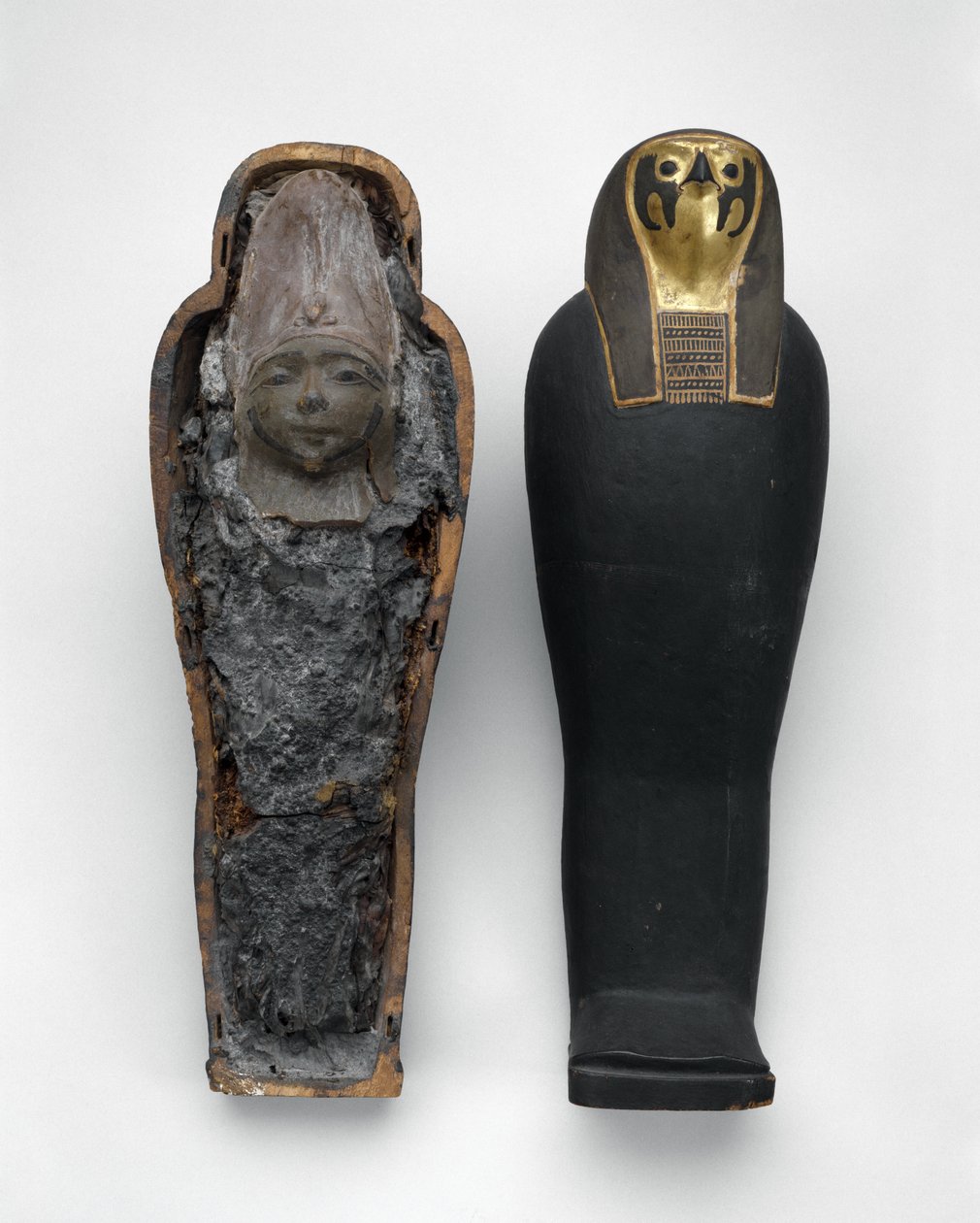 Falkformad kista med kornmummi, 332-30 f.Kr. (målat och förgyllt trä, korn, jord, linne och vax) av Egyptian Ptolemaic Period