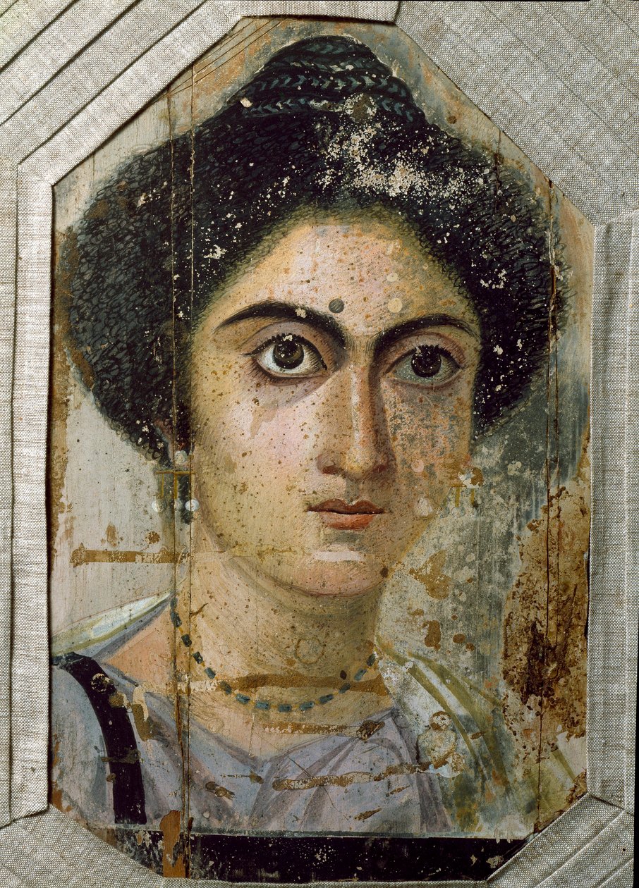 Egyptisk antikvitet: begravningsporträtt av en kvinna. Måla på trä. Slutet av 2:a århundradet. Från Fayum (Fayum) i Egypten. Florens, museo archeologico av Egyptian School