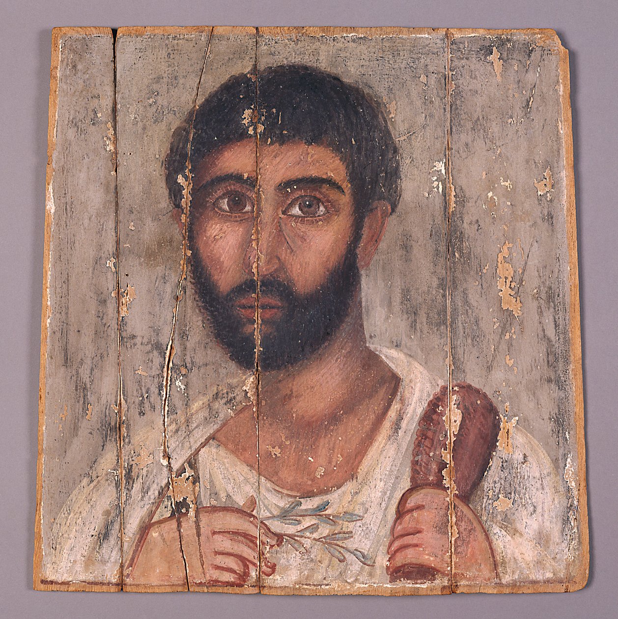 Porträtt av en skäggig man från en helgedom, ca 100 e.Kr. (tempera på trä) av Egyptian School