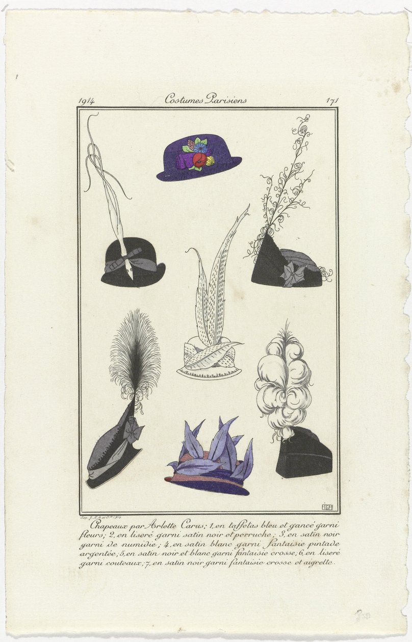 Tillbehör Journal des Dames et des Modes, Costumes Parisiens, 1914, nr 171: Hattar av Arlett (...) av Eiger