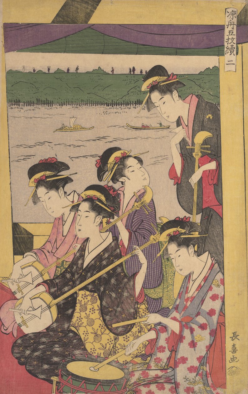 A Party of Geisha in a Suzumi-bune, d.v.s. avkylningsbåt. Andra scenen av en båt..., ca. 1796. av Eishōsai Chōki