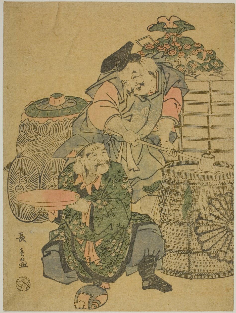 Ebisu och Daikokuten provsmakning av sake av Eishōsai Chōki
