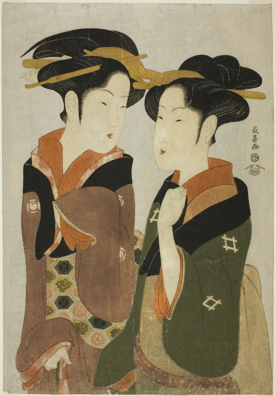 Kan, en servitris från Izutsuya, och geishan Fuseya från Ogiya av Eishōsai Chōki