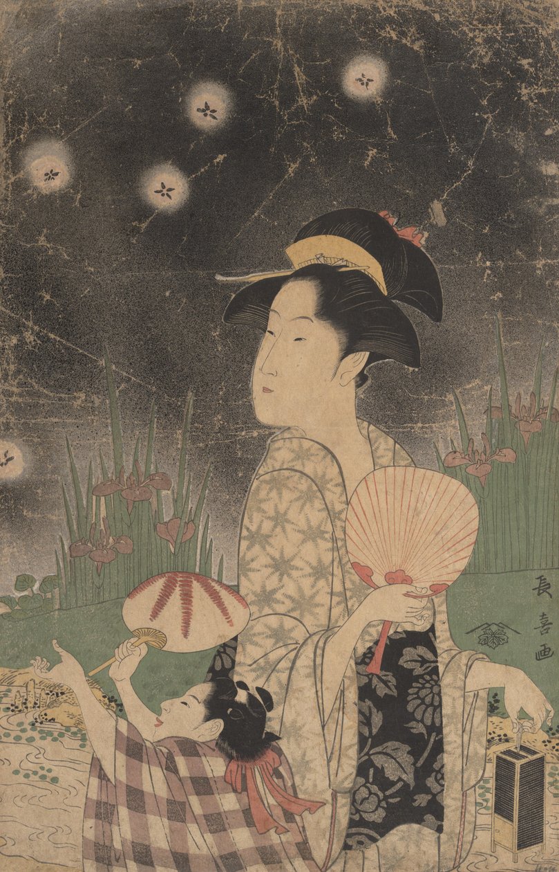 Kvinna och barn som fångar eldflugor, ca. 1793. av Eishōsai Chōki
