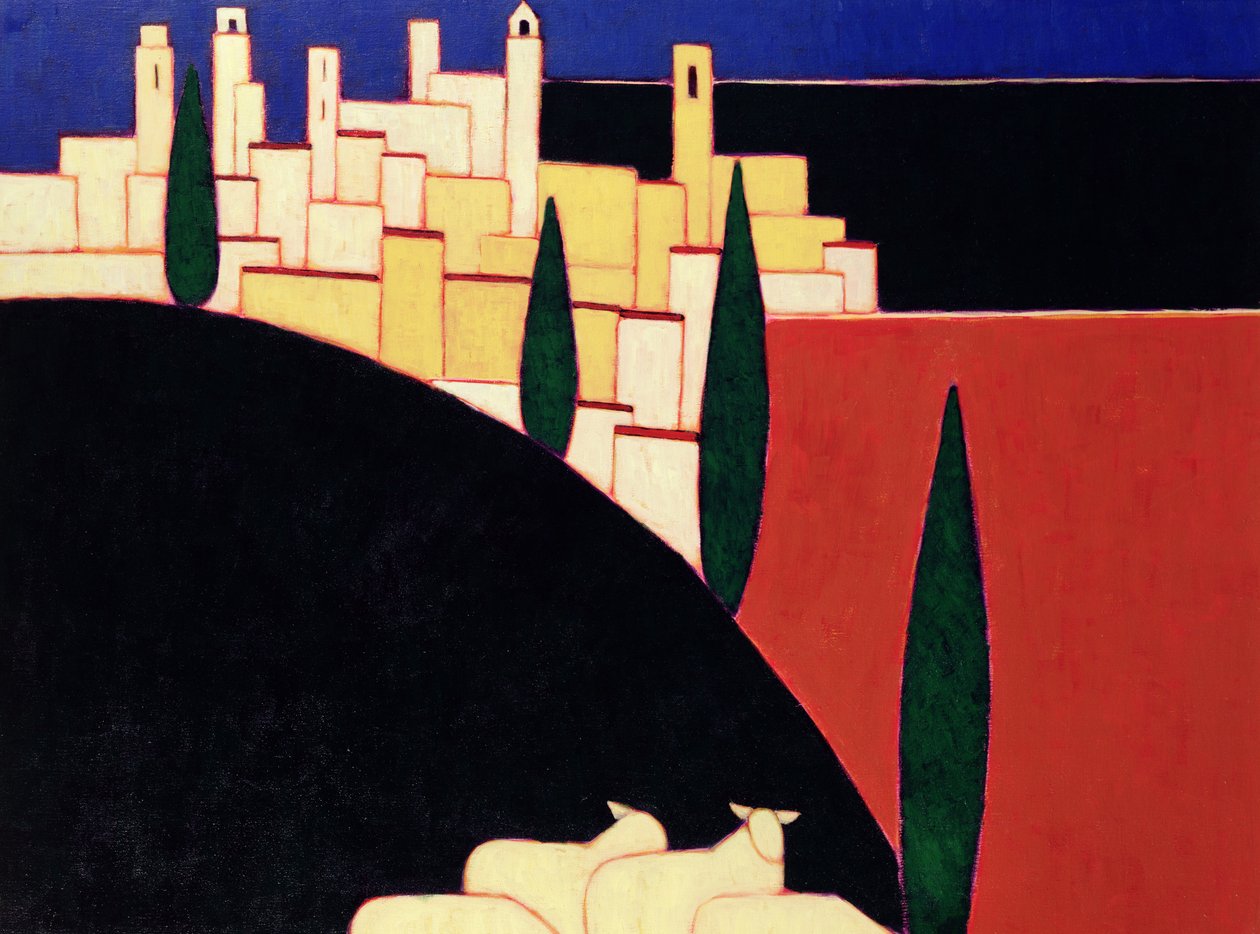 San Gimignano med får, 1999 (akryl på papper) av Eithne Contemporary Artist Donne