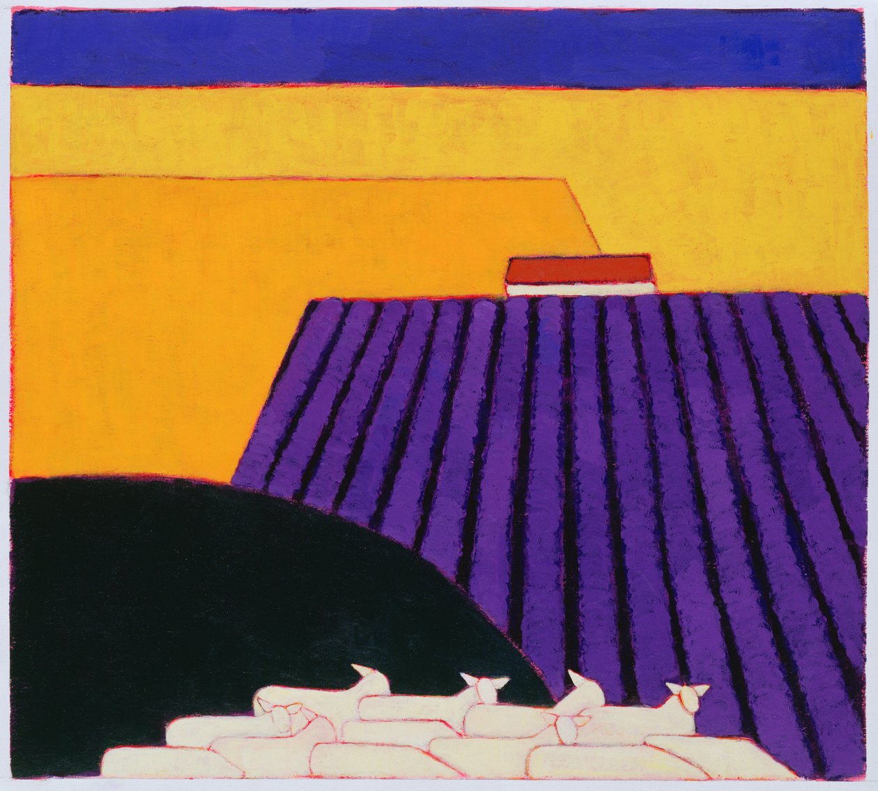 Får och lavendelfält, 2004 (akryl på papper) av Eithne Contemporary Artist Donne