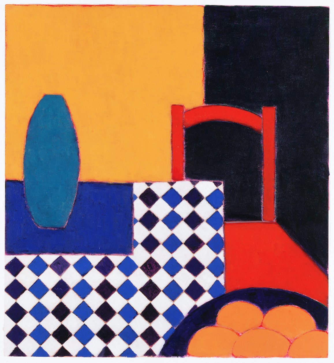 Stilleben med röd stol, 2002 (akryl på papper) av Eithne Contemporary Artist Donne