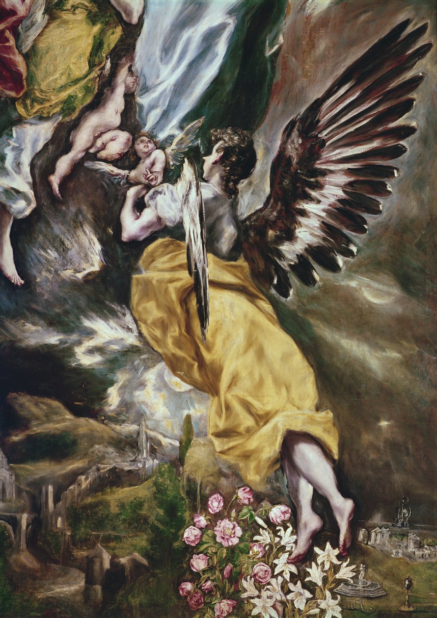 Den obefläckade avlelsen (detalj av ängel, blommor, marianska attribut och Toledo) 1607-13 (se även 90015) av El Greco
