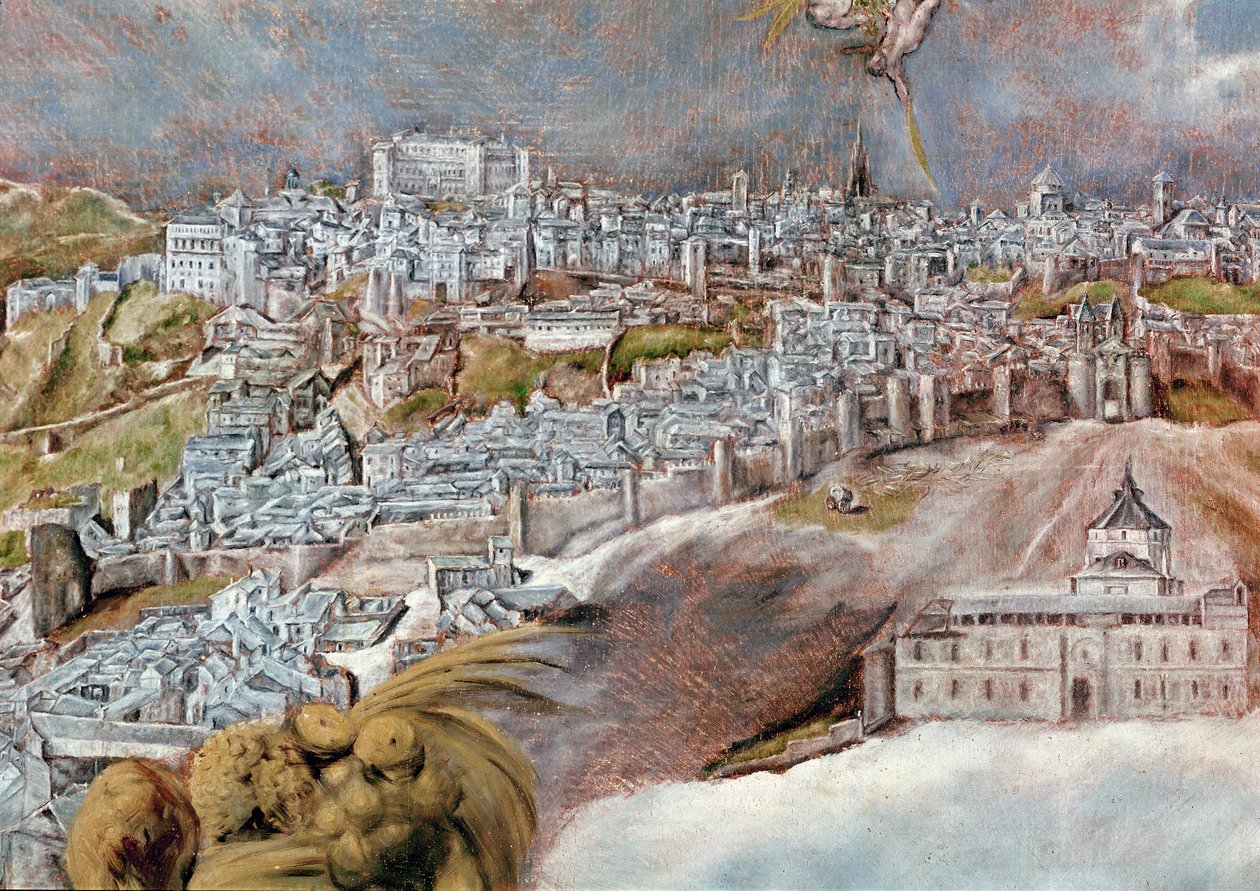 Visa och karta över staden Toledo, detalj av sjukhuset i Tavera, 1609 (detalj av 124615) av El Greco