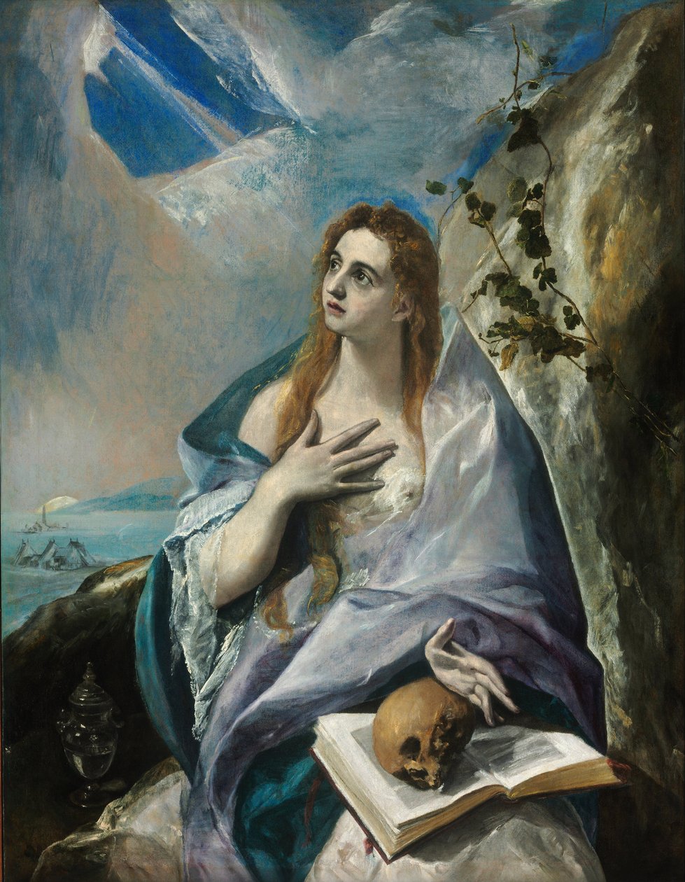 ""La Madeleine repentante"" Målning av Domenikos Theotokopoulos dit El Greco (1541-1614) 16eme siecle - El Greco, Dominico (1541-1614) - 1577 - Olja på duk - 156,5x121 - Szepummuveszeti, Budapest Muze av El Greco