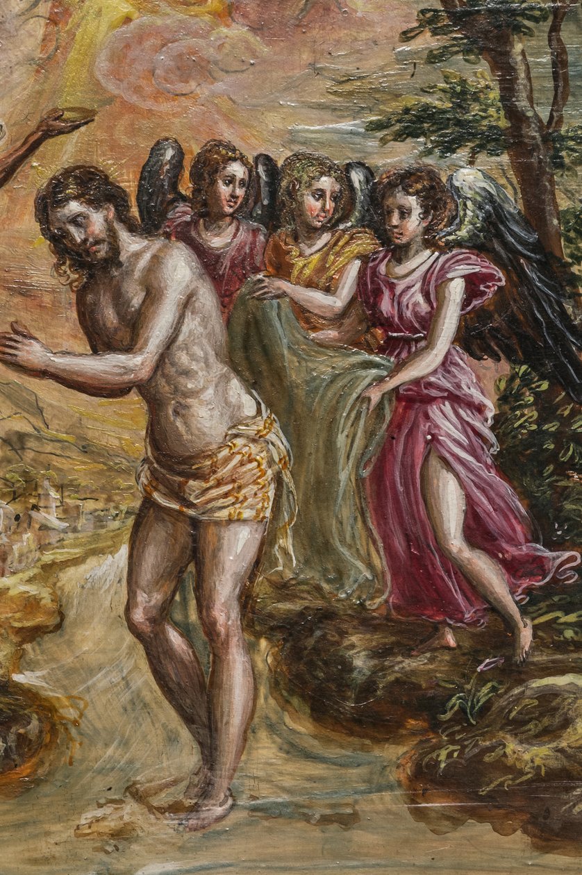 Bärbart altare: detalj av den högra dörrpanelen som visar Kristi dop (tempera grassa på panelen) av El Greco