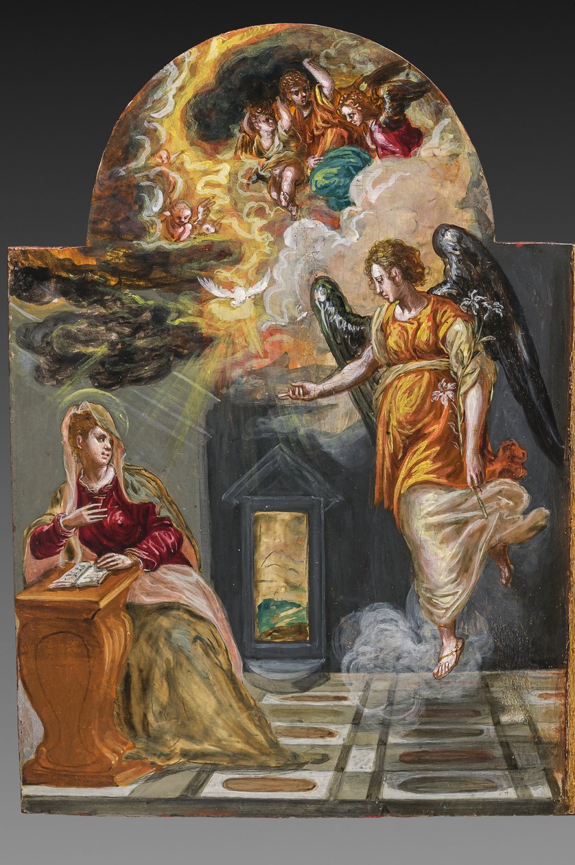 Bärbart altare, vänster dörrpanel på baksidan: Annunciation, detalj av 2384587 (tempera grassa på panel) av El Greco