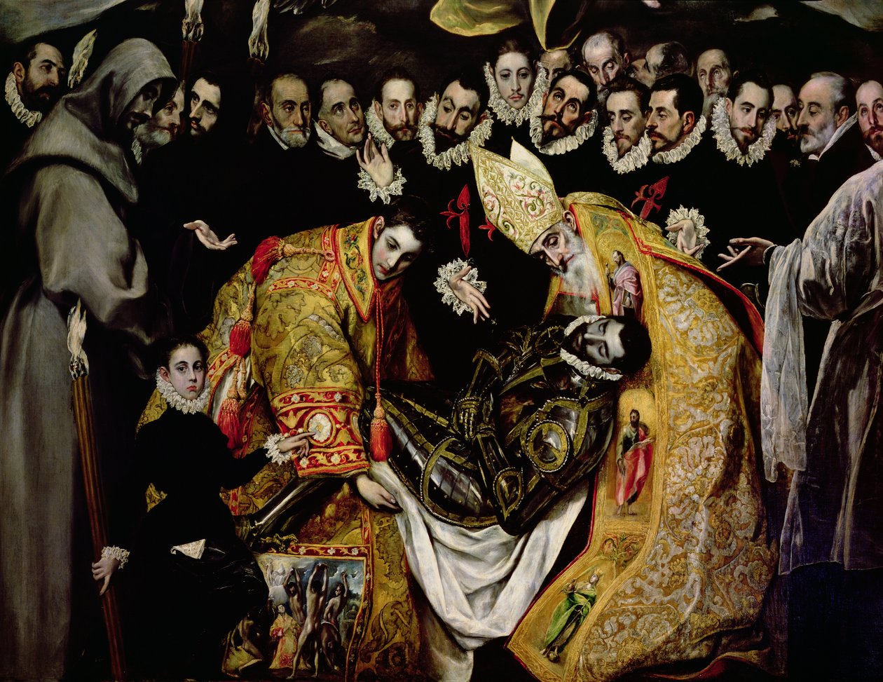 Begravningen av greve Orgaz, från en legend från 1323, detalj av en ung sida, St Etienne, greven och St. Augustine av El Greco