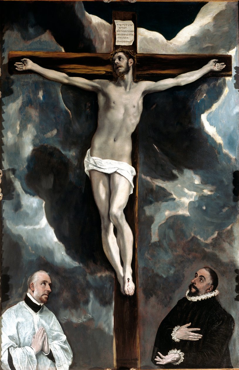 Kristus på korset tillber av de två givarna (målning av El Greco