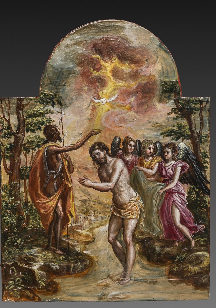 Bärbart altare: höger dörrpanel föreställande Kristi dop, detalj av 2384586 (tempera grassa på panel) av El Greco