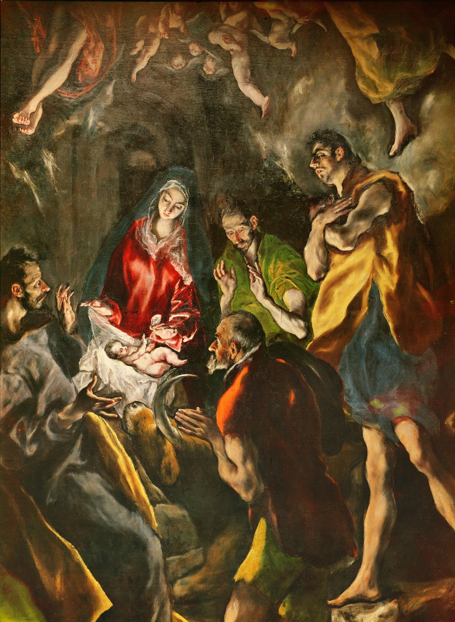 The Adoration of the Shepherds (detalj av herdarna grupperade runt barnet), ca. 1603-14 (olja på duk) av El Greco
