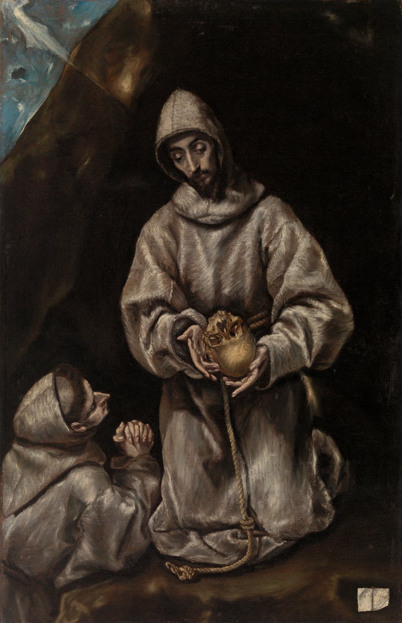 Saint Francis och broder Leo mediterar över döden av El Greco (Domenikos Theotokopoulos)