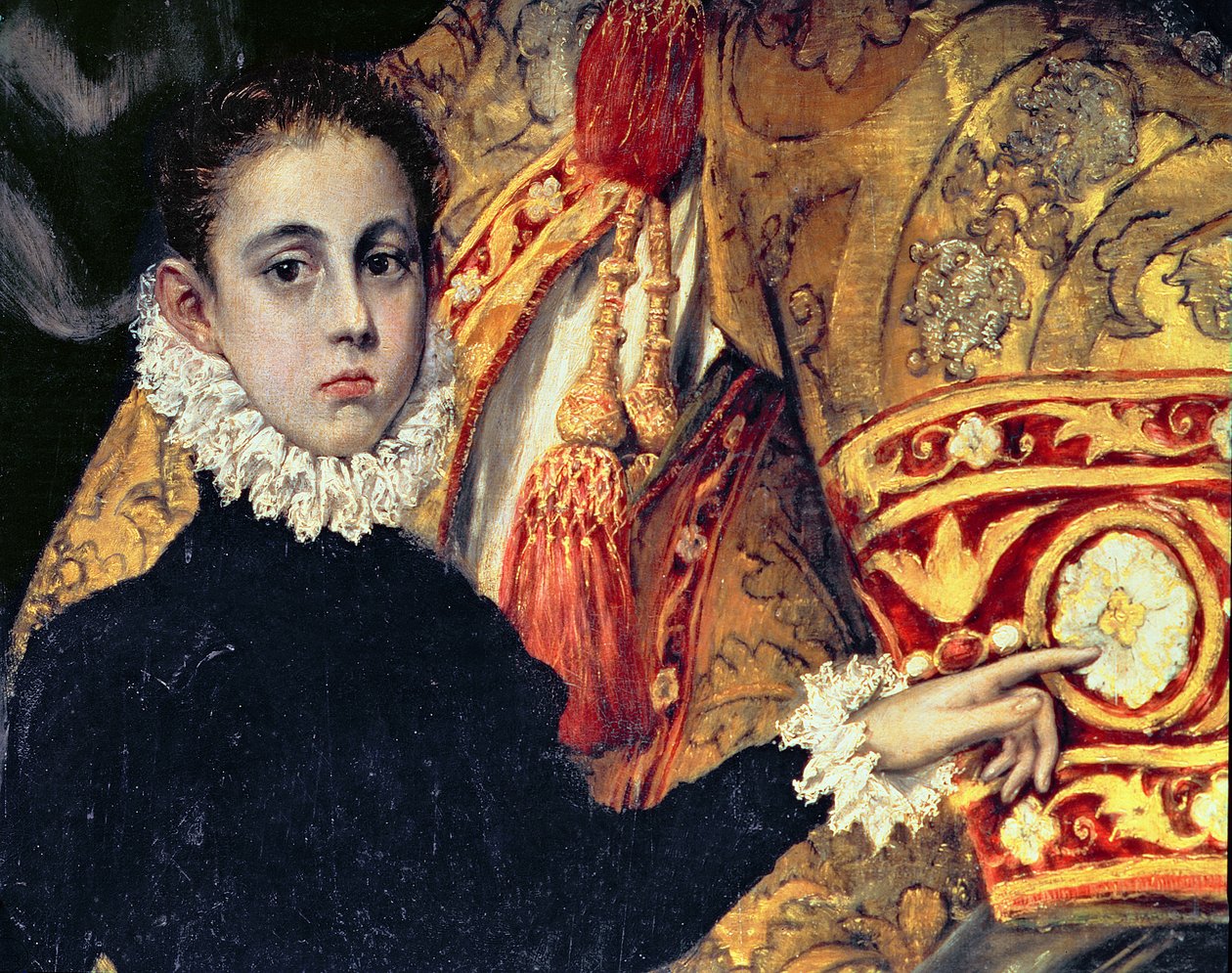 Begravningen av greve Orgaz, från en legend från 1323, detalj av en pojke, som tros vara son till målaren Jorge Manuel, 1586-88 olja på duk detalj av 44240 av El Greco
