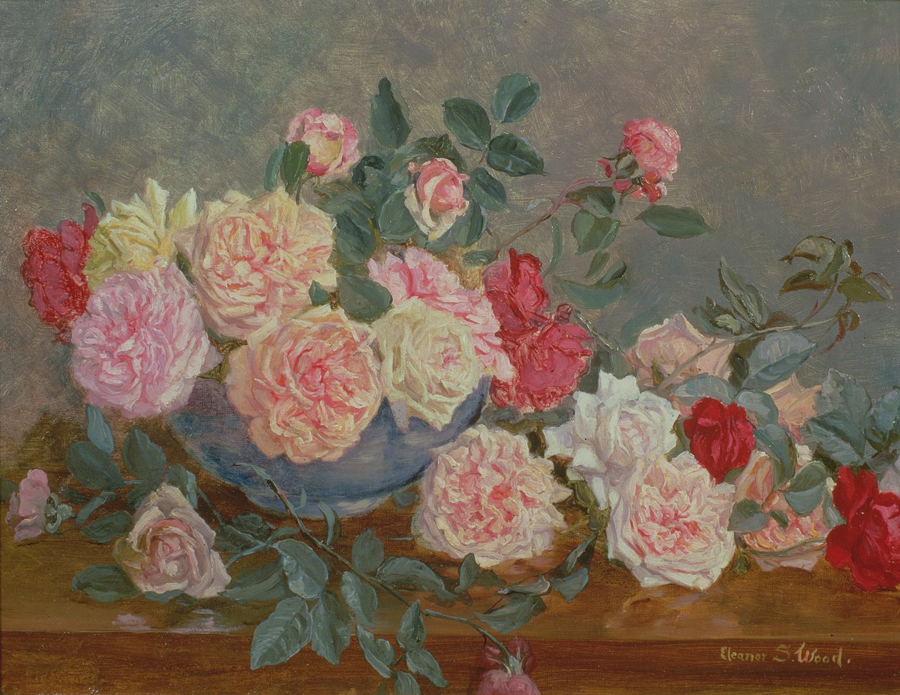 Rosor i en blå vas, 1800-tal av Eleanor Stuart Wood